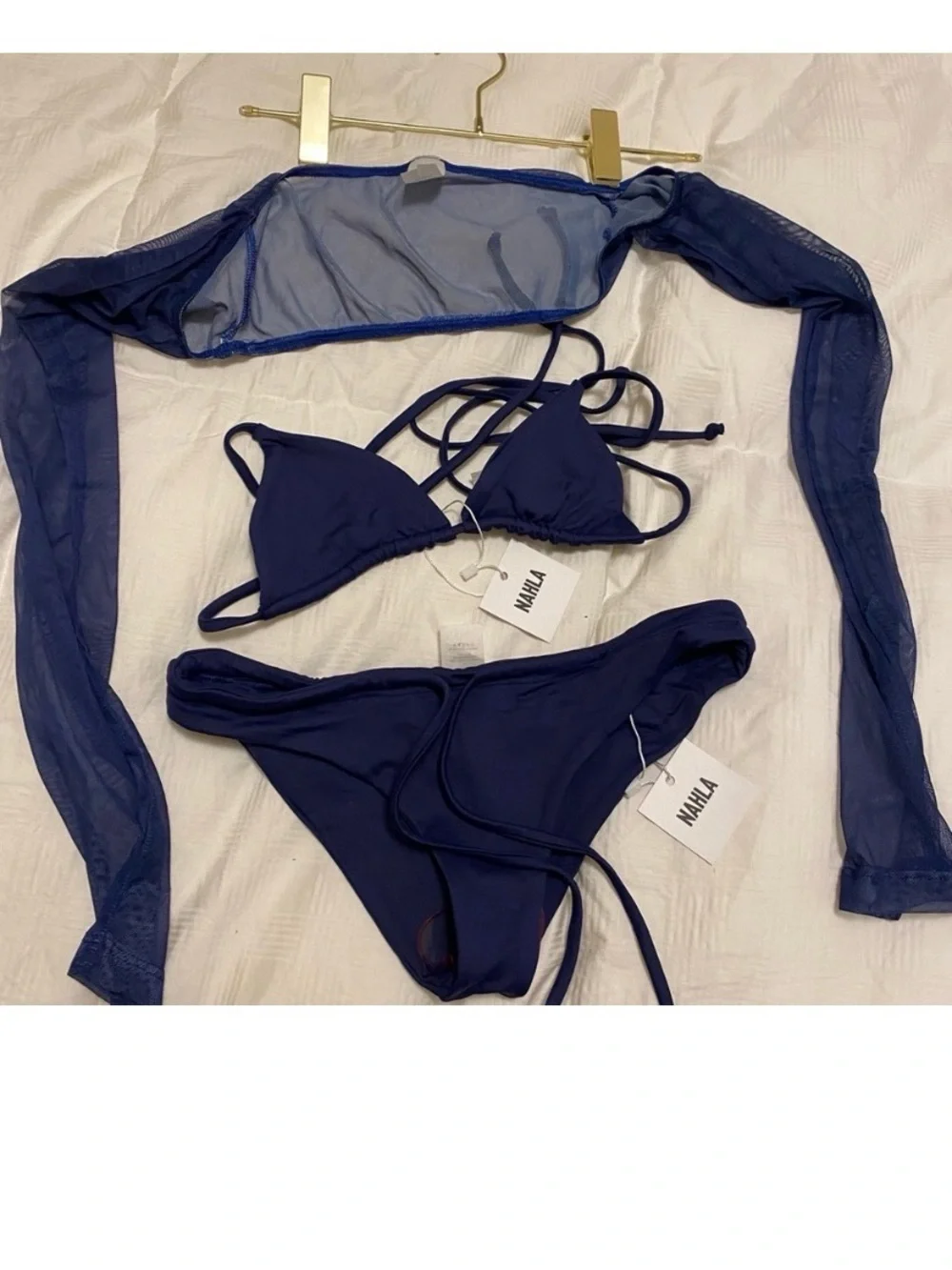 💙🤍 NAHLA Navy Triangle Bikini Set with Sheer Long Sleeve Cover
